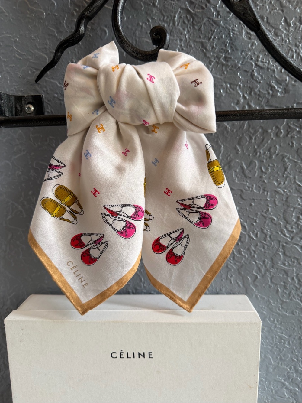 Céline Macadam Blazon White Cotton Square Scarf Whimsical Shoes Print